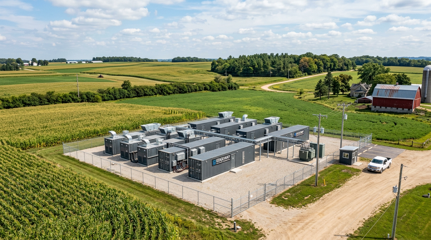 Modular data center containers labeled Edgeway and Sesimac in a fenced area within farmland
