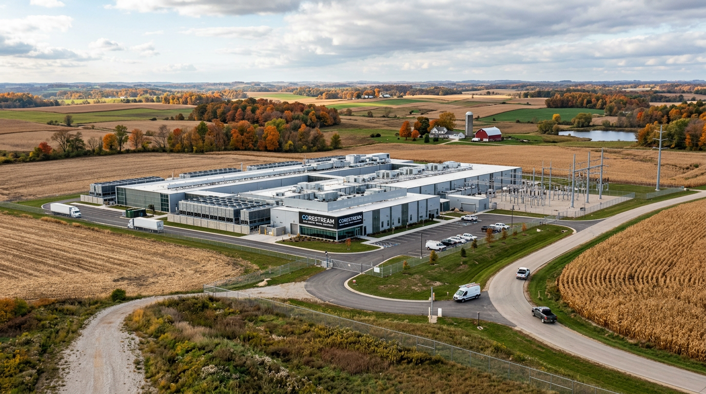 Corestream data center building with parking lot and power infrastructure in a rural area