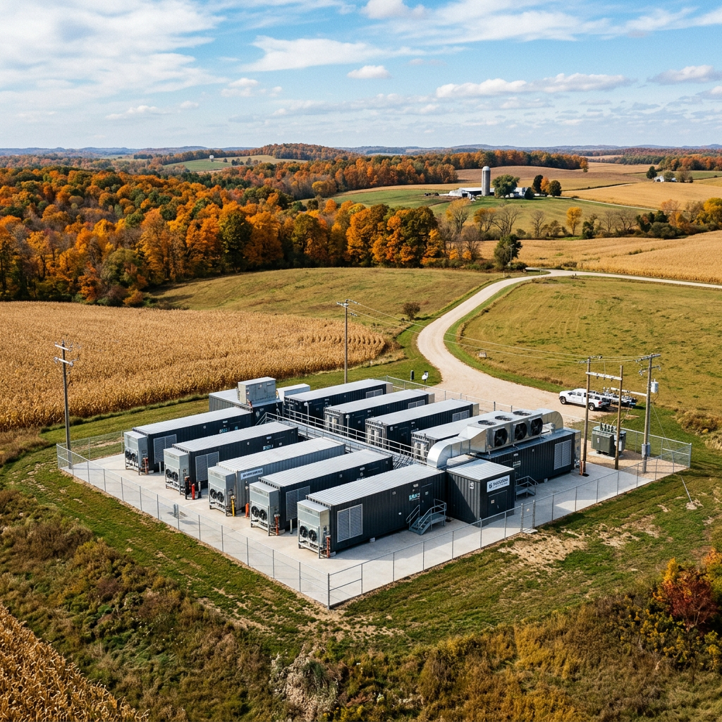 Modular energy units of a microgrid installation surrounded by farmland and fall trees