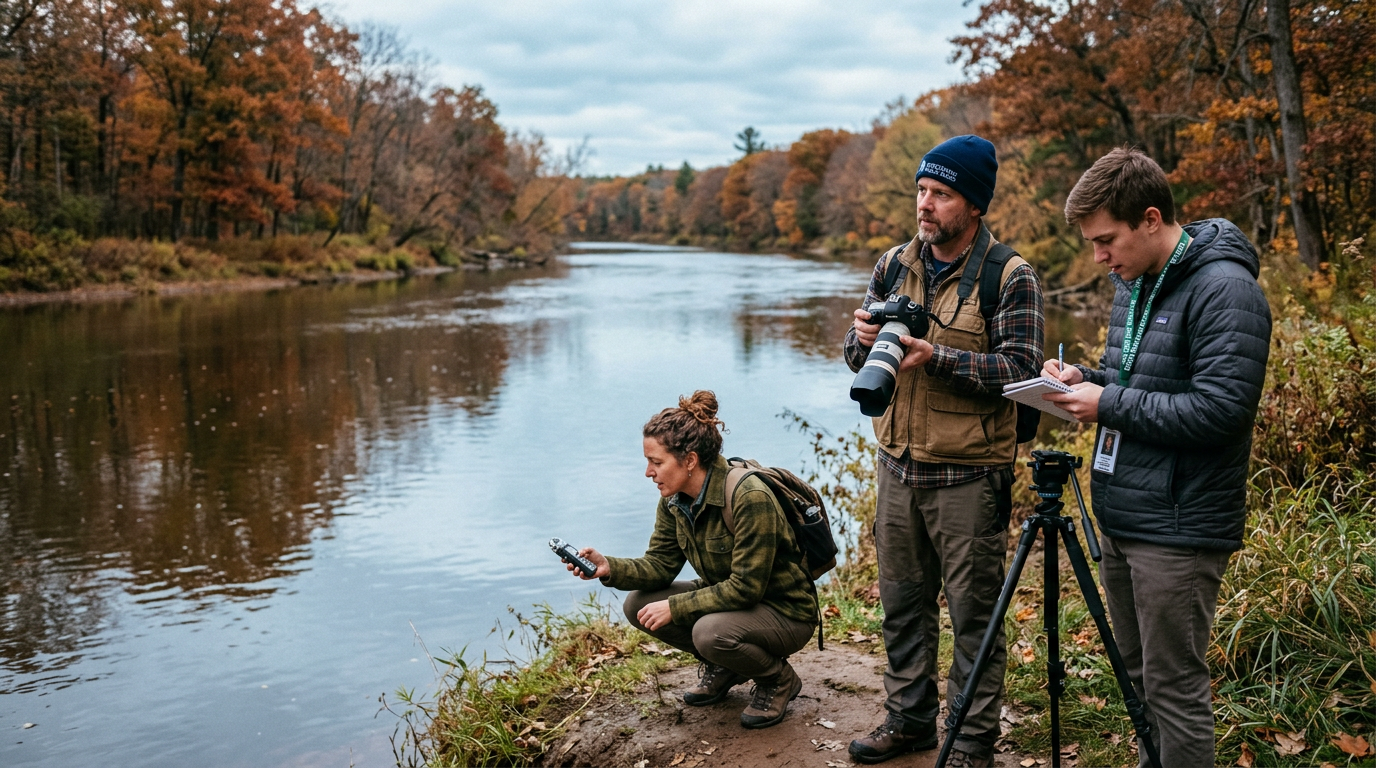 Three people conducting environmental research near a river in fall