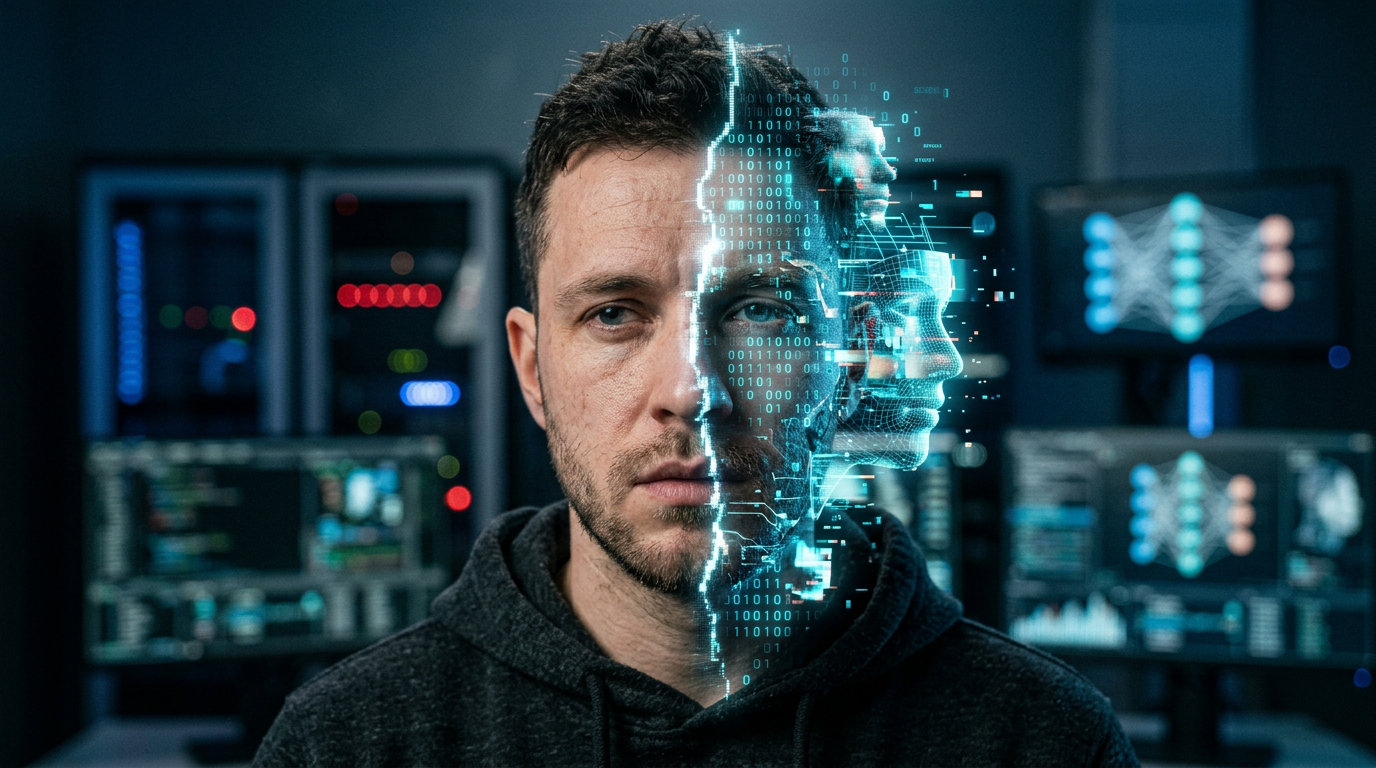 Man's face merging with digital AI interface and code