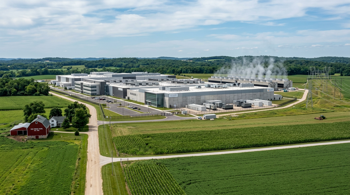 Large data center building with cooling systems emitting steam in a rural landscape