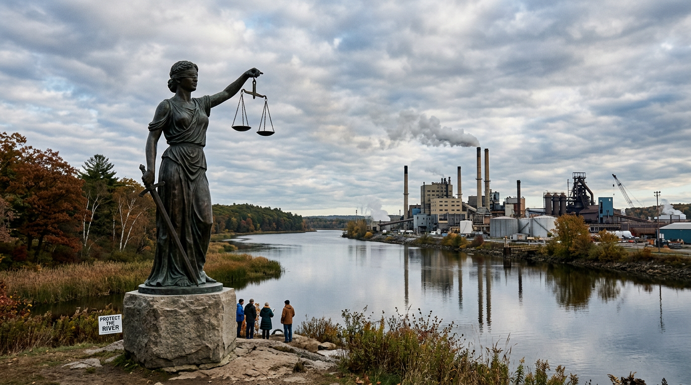 Lady Justice statue with scales and sword overlooking river near industrial factory with smoke