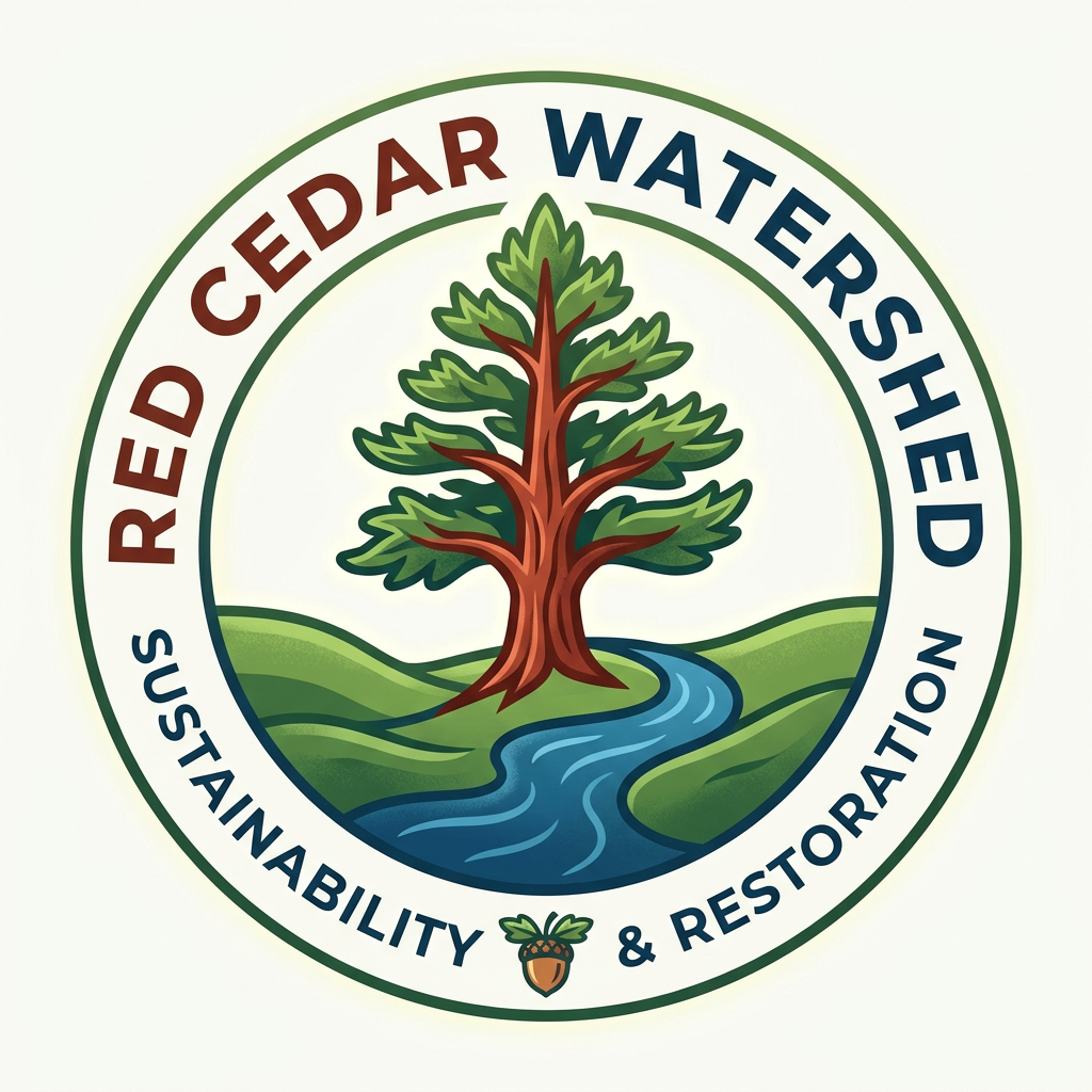 Illustrated logo of a red cedar tree by a flowing river with hills, text reads Red Cedar Watershed Sustainability & Restoration