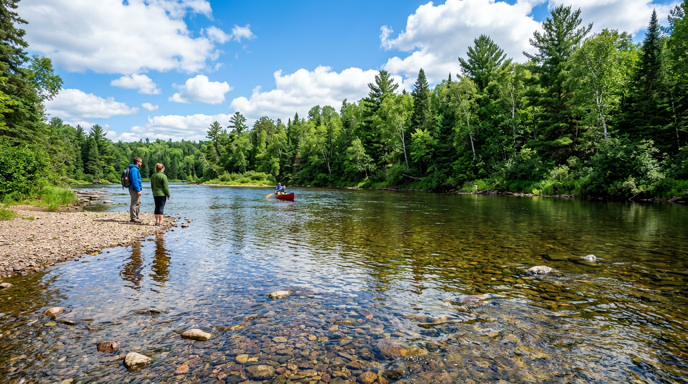 Two people beside a clear river with a canoe and forested banks