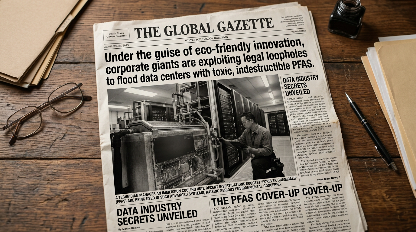 The Global Gazette newspaper headline: "Under the guise of eco-friendly innovation, corporate giants are exploiting legal loopholes to flood data centers with toxic, indestructible PFAS." Main article: "Data Industry Secrets Unveiled."